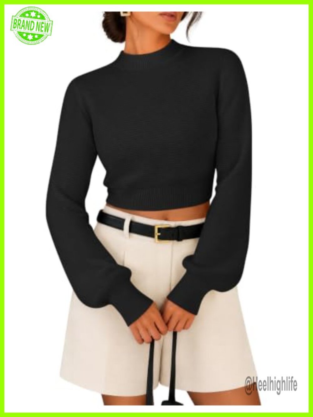 Women's Fall Mock Neck Cropped Sweater Ribbed Knit Pullover Long Sleeve